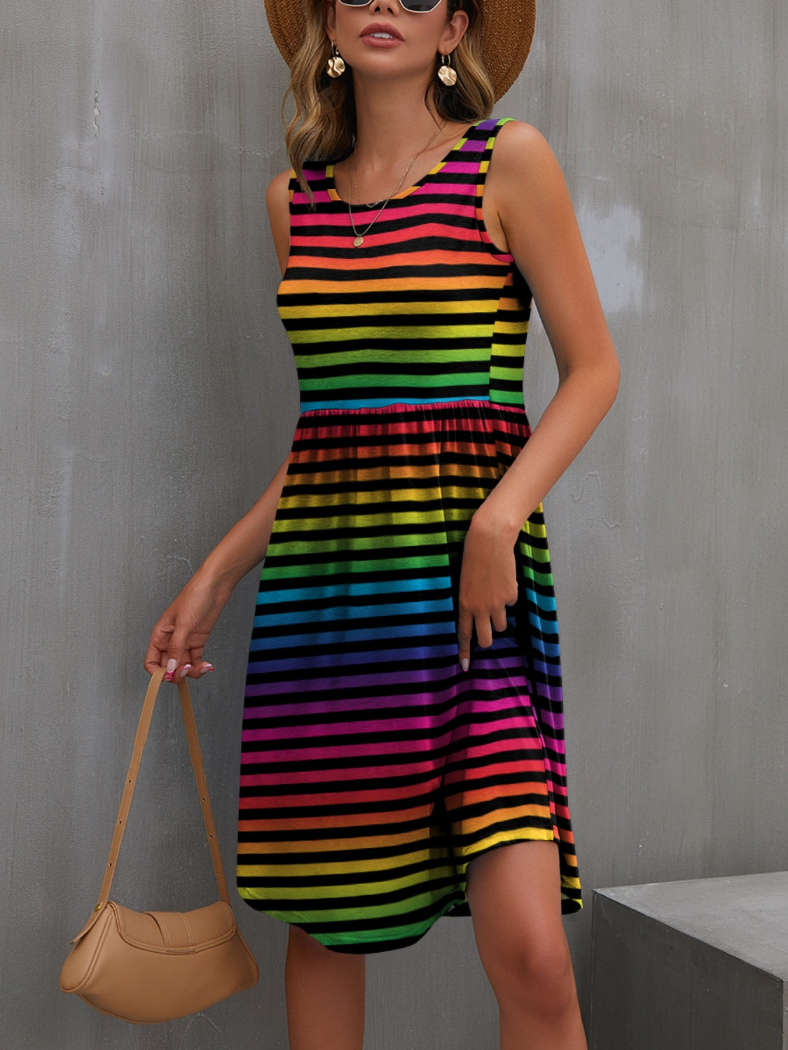 FAM-FAM Round Neck Wide Strap Mini Dress Sunset and Swim Stripe S 