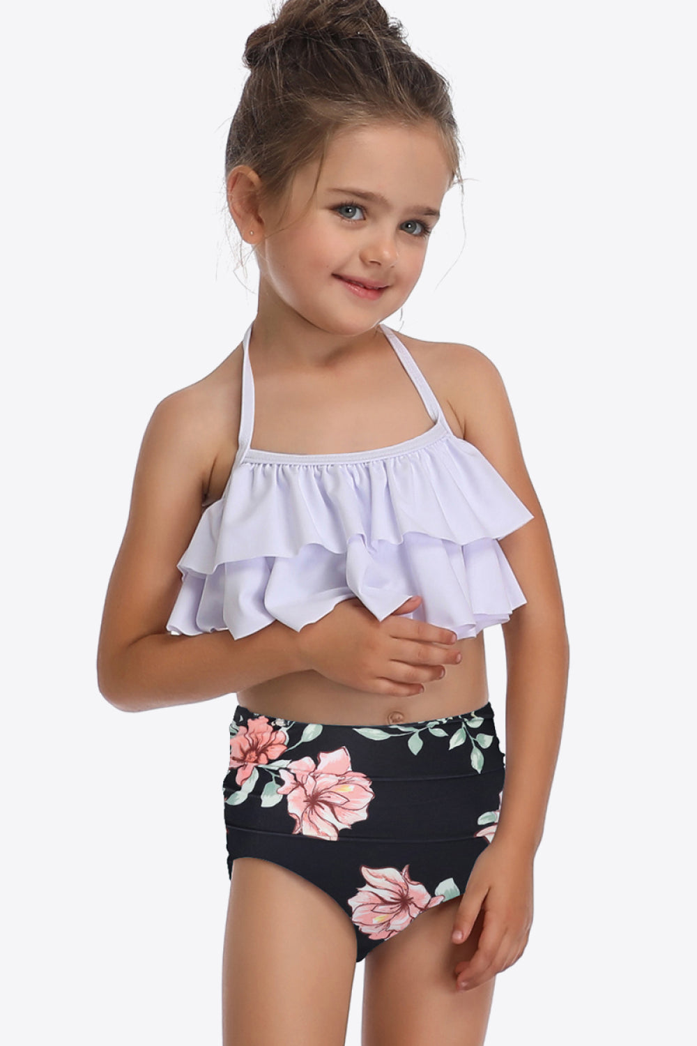 Sunset Vacation  Printed Layered Halter Neck Two-Piece Swim Set I Kids Swimwear  Sunset and Swim Black Floral 4T 