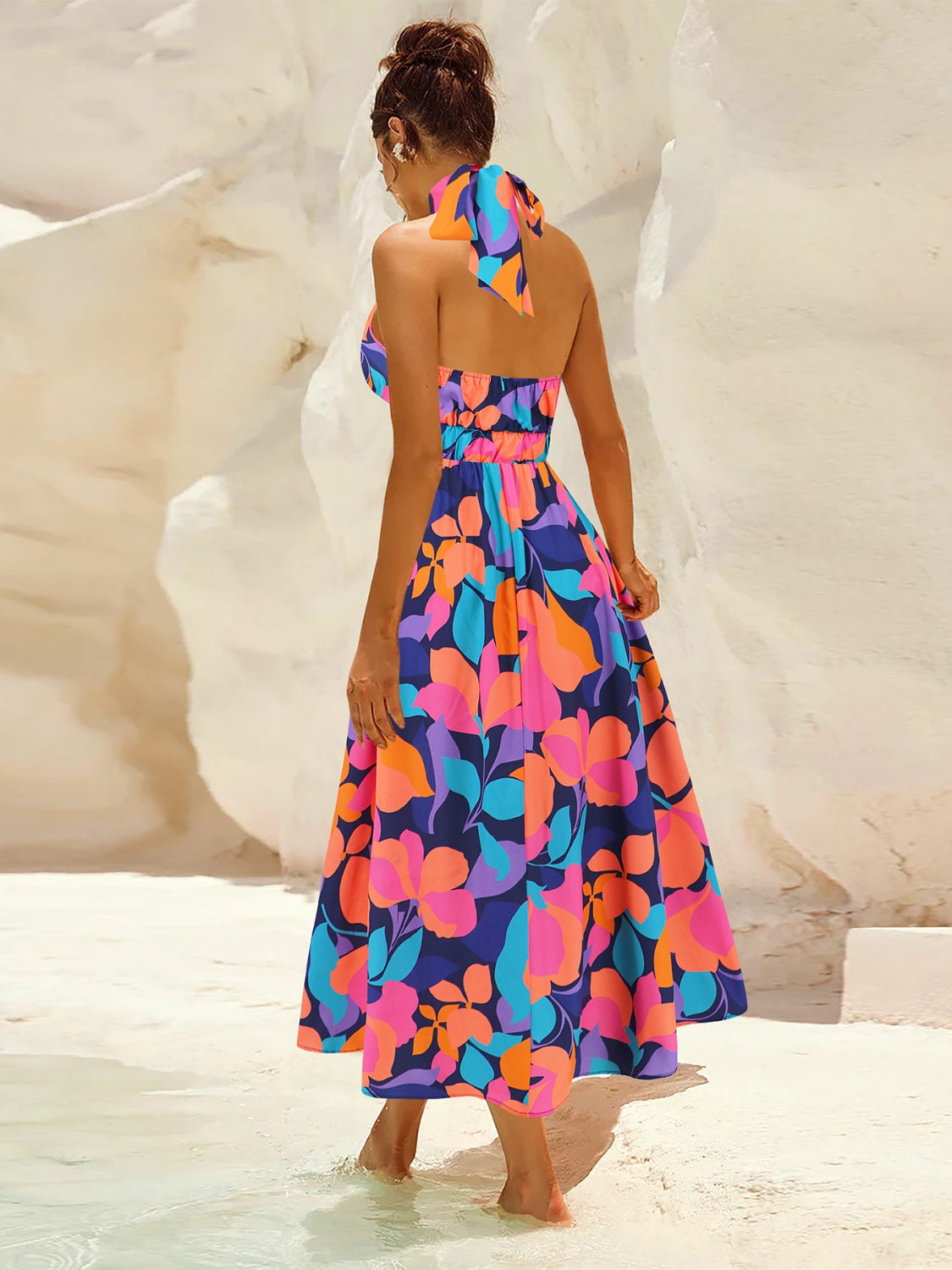 Sunset Vacation Ruched Printed Halter Neck Sleeveless Dress Sunset and Swim   