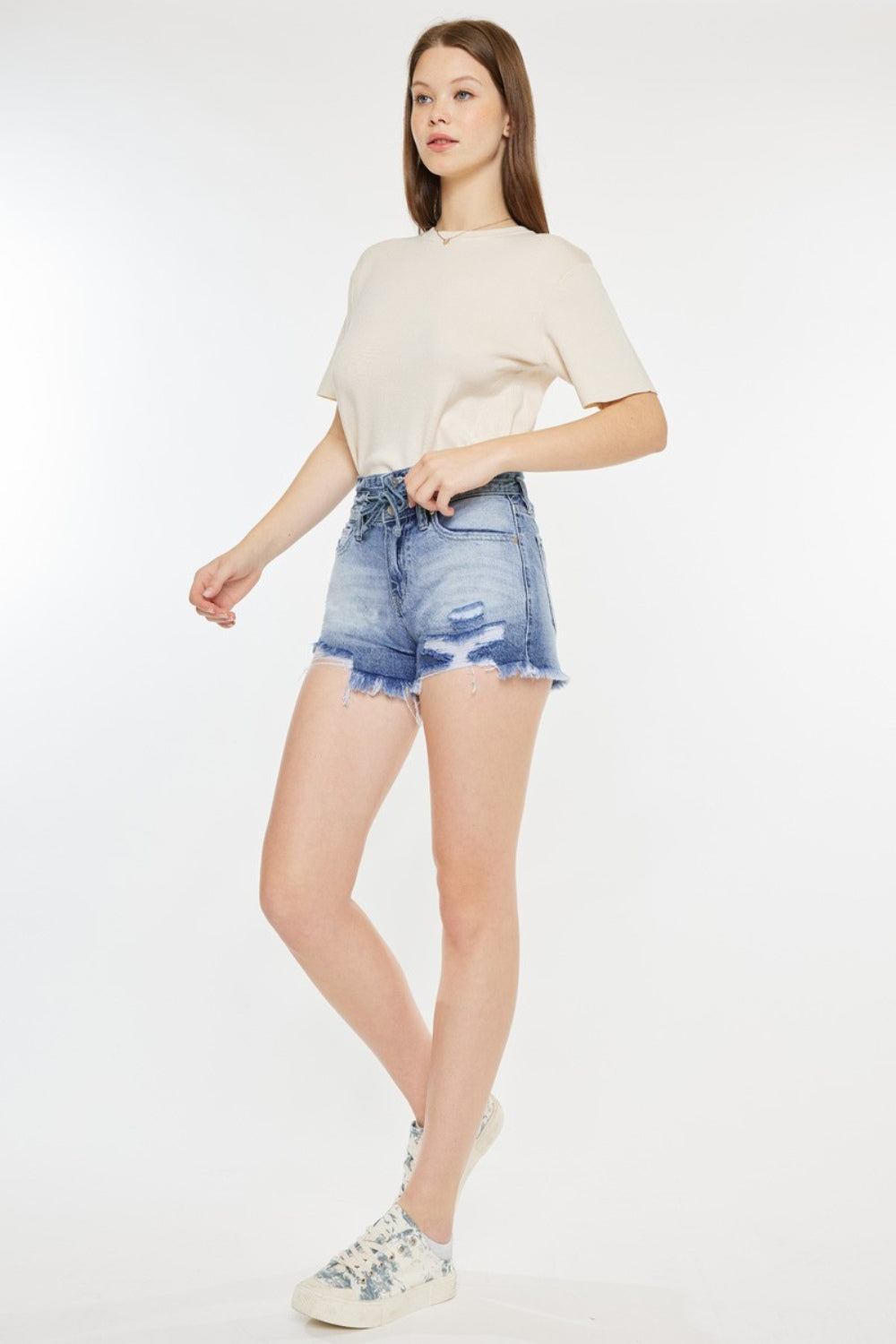 Kancan High Rise Frayed Hem Denim Shorts Sunset and Swim   