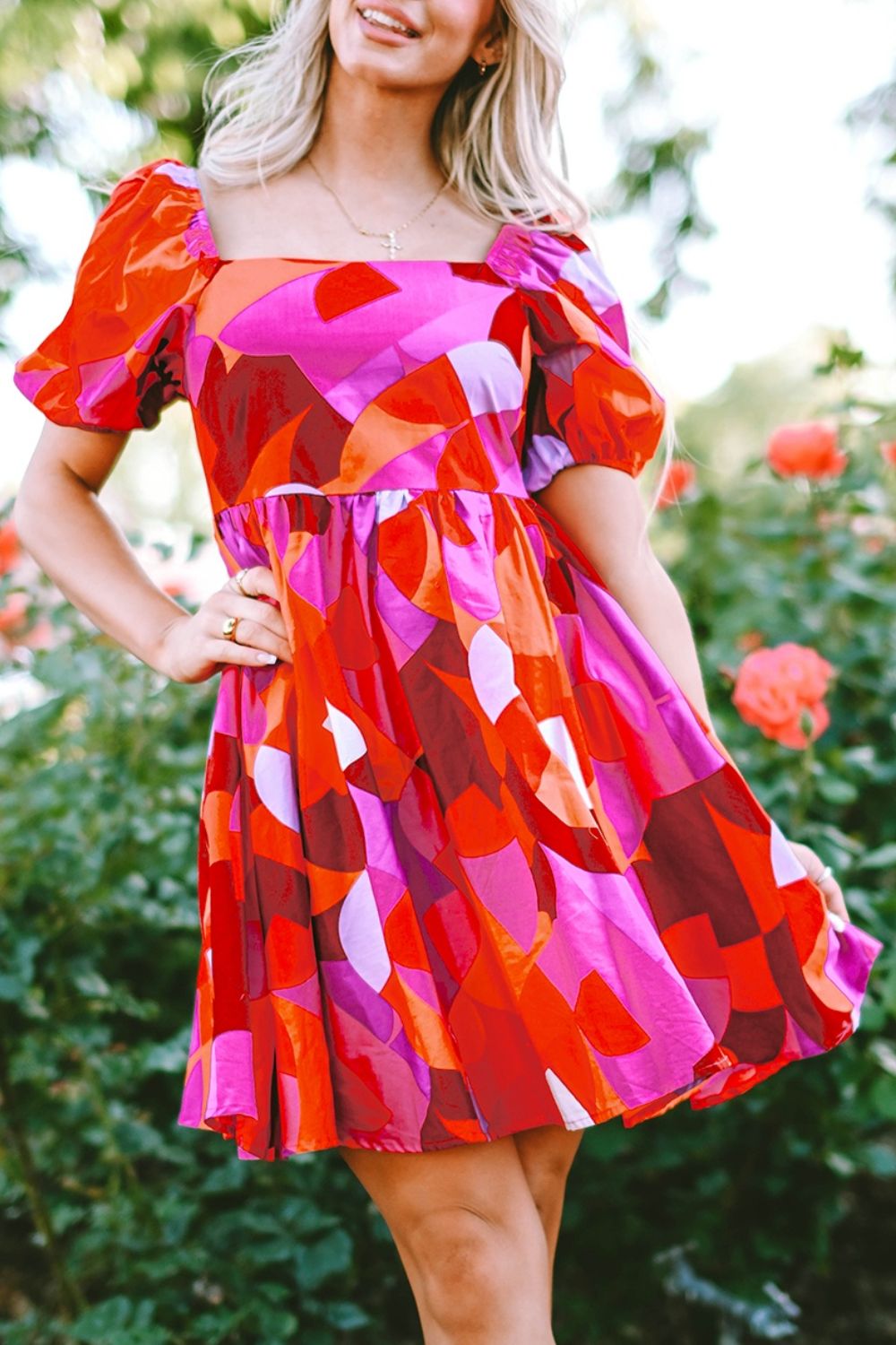 Printed Square Neck Puff Sleeve Dress Sunset and Swim Hot Pink S 