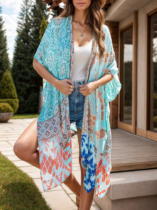 Sunset Vacation  Printed Open Front Beach Cover Up Sunset and Swim Light Blue One Size 