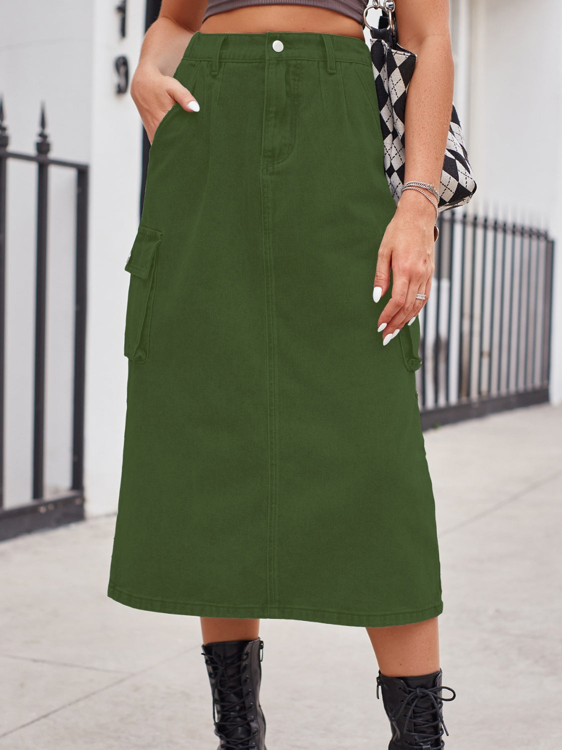 Slit Buttoned Denim Skirt with Pockets  Sunset and Swim Army Green S 