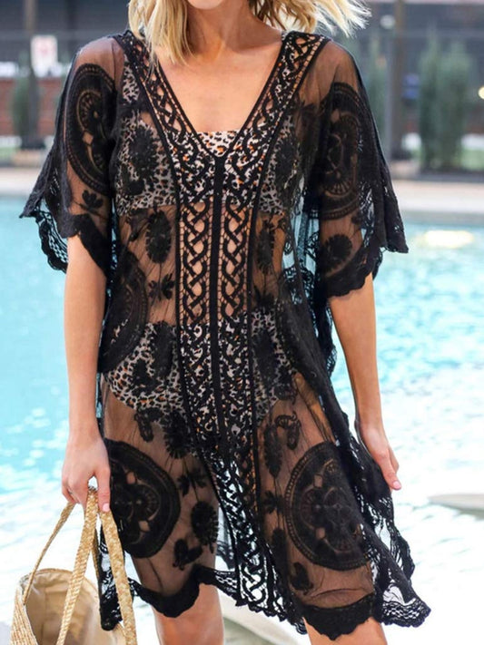 Lace V-Neck Half Sleeve Cover-Up