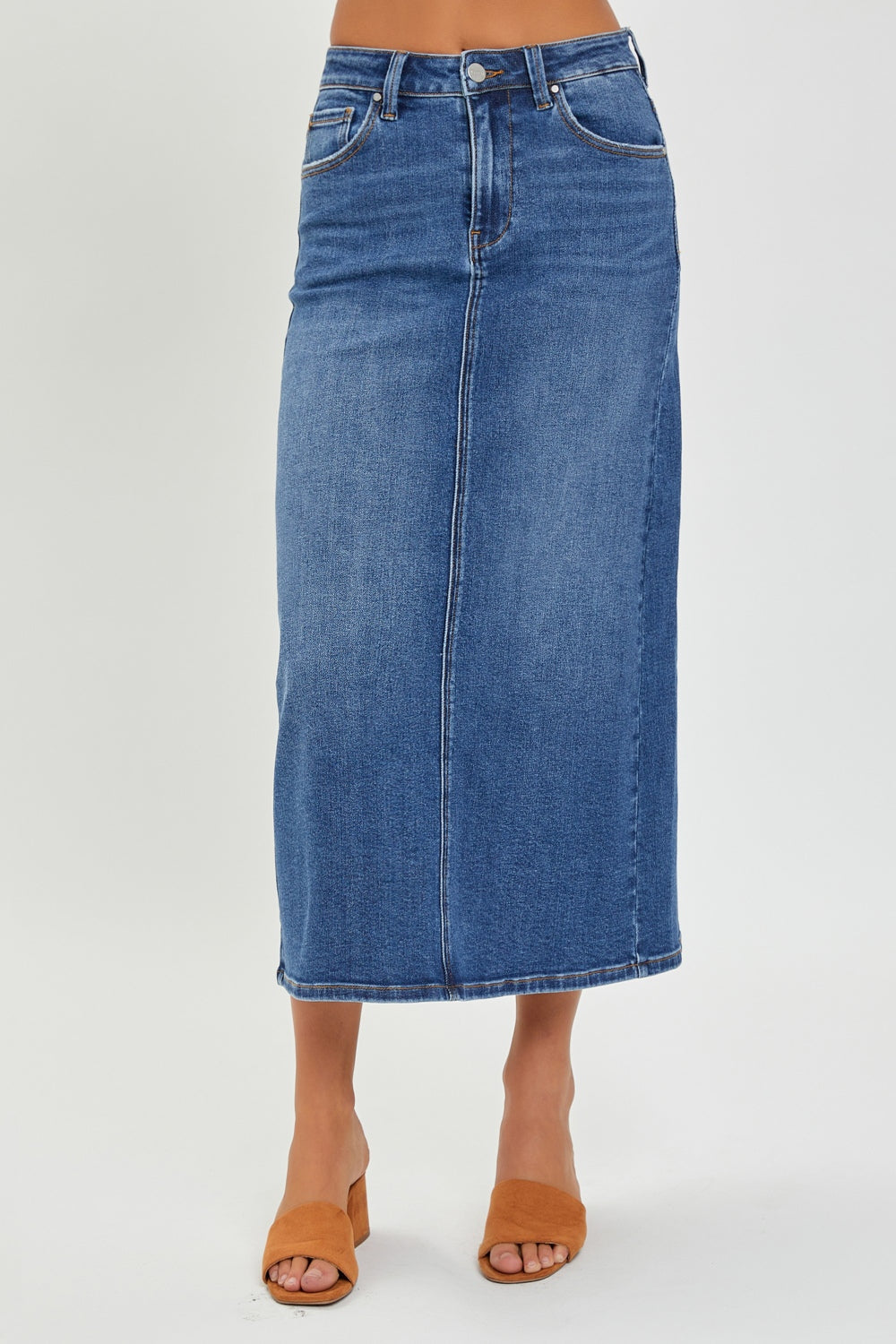 RISEN High Rise Back Slit Denim Skirt  Sunset and Swim Dark S 