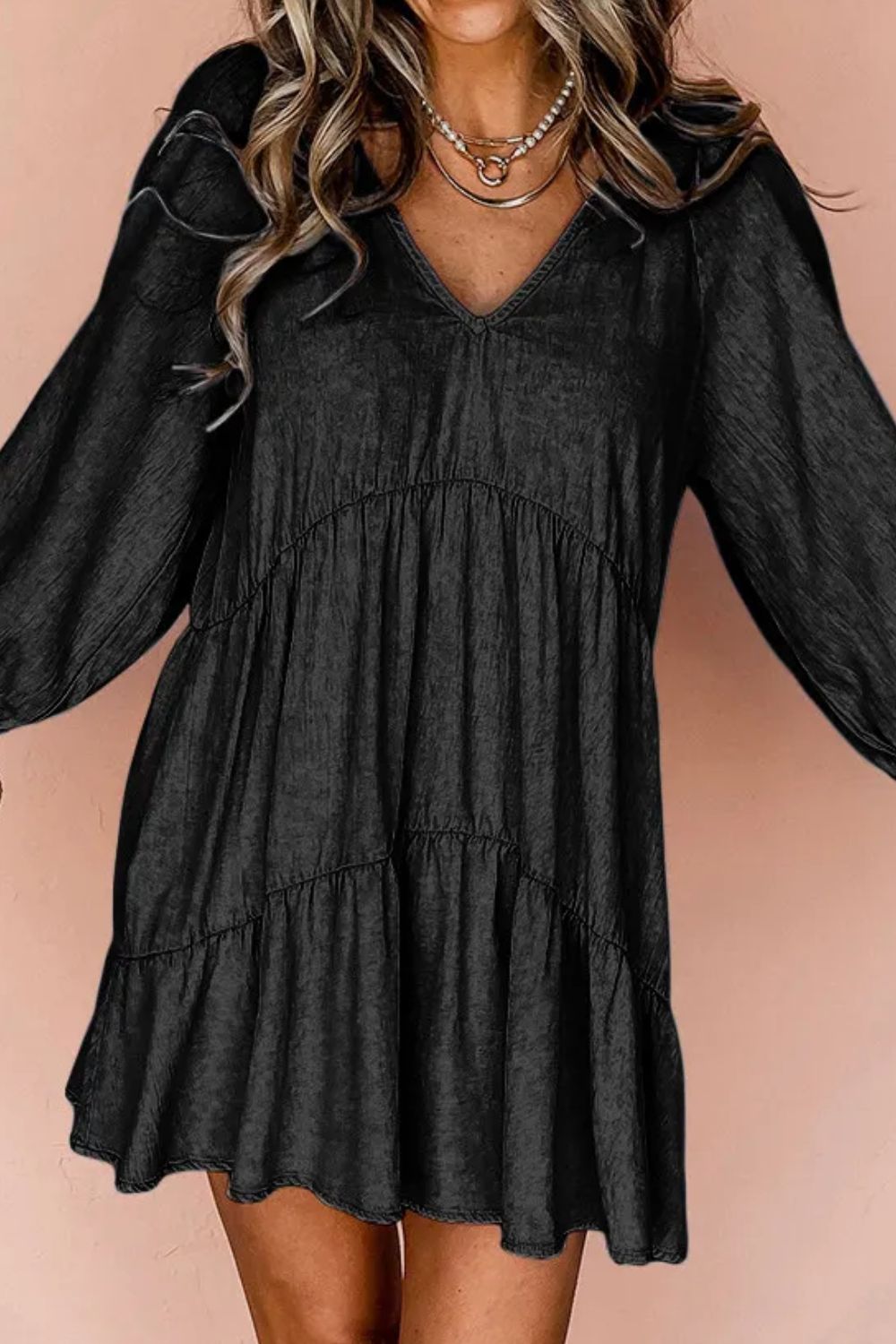 V-Neck Three-Quarter Sleeve Denim Dress Sunset and Swim   