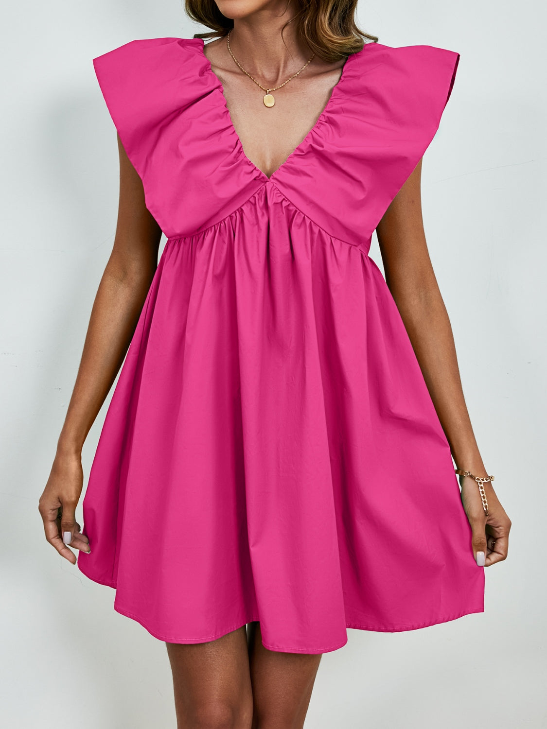 Sunset Vacation V-Neck Cap Sleeve Mini Dress Sunset and Swim Hot Pink S 