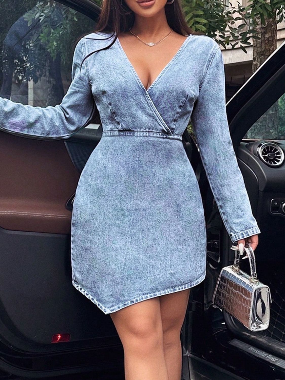 Surplice Long Sleeve Denim Dress Sunset and Swim Light M 