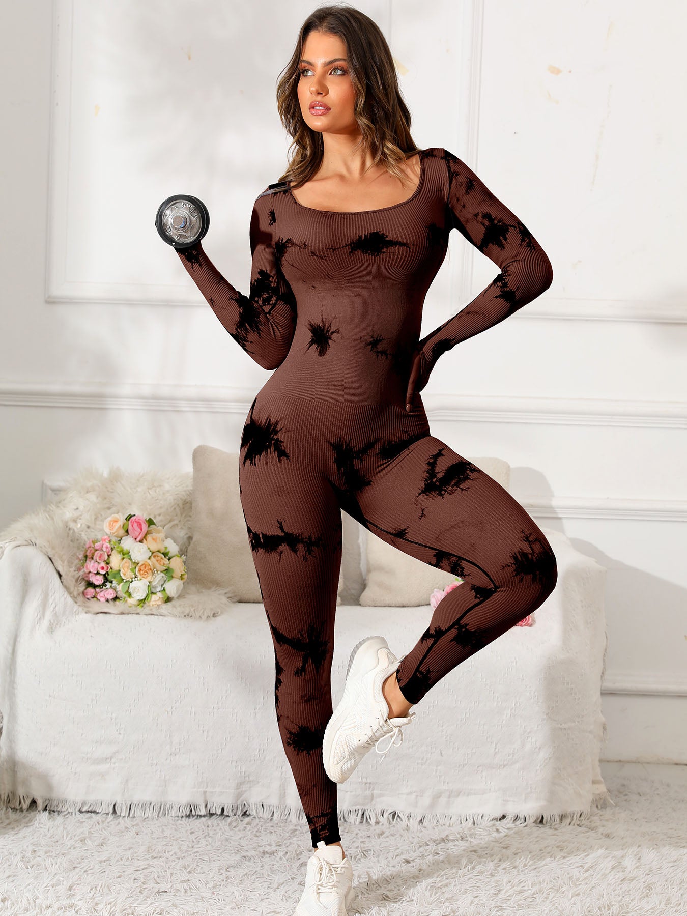 Scoop Neck Long Sleeve Active Jumpsuit Sunset and Swim Dark Brown S 