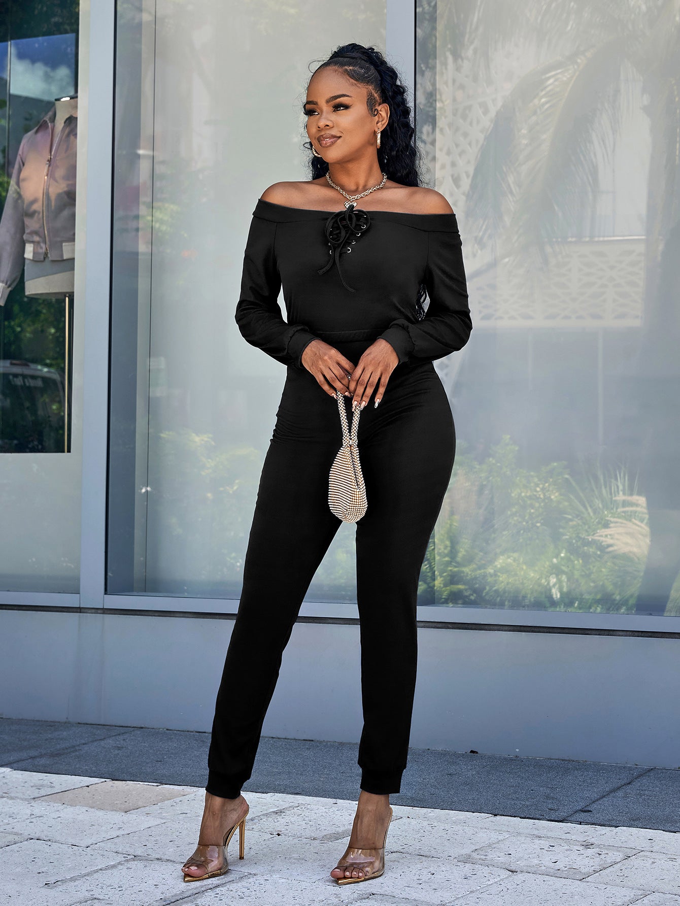 Sunset and Swim Lace-Up Off-Shoulder Long Sleeve Jumpsuit Sunset and Swim   