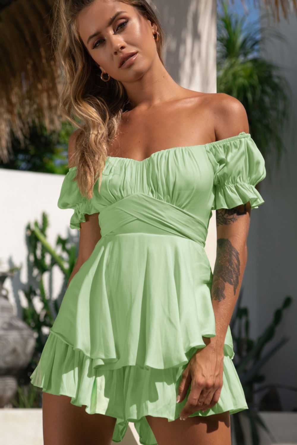 Off Shoulder Flounce Sleeve Romper Sunset and Swim Sage S 