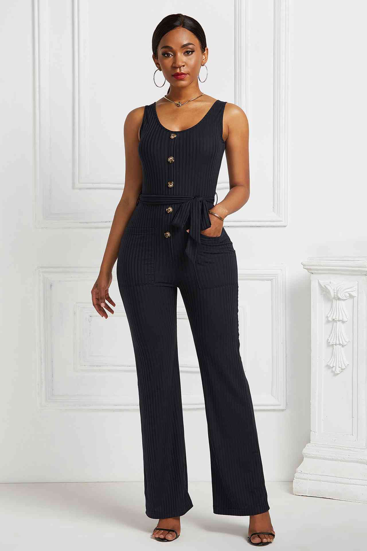 Sunset and Swim Button Detail Tie Waist Jumpsuit with Pockets Sunset and Swim Black S 