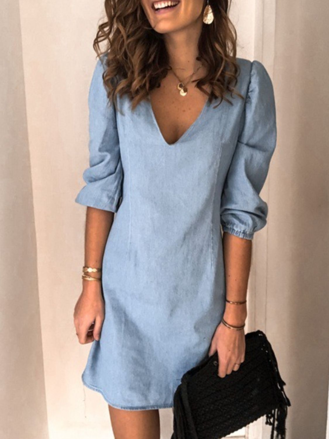 Full Size V-Neck Half Sleeve Denim Dress  Sunset and Swim Misty  Blue S 