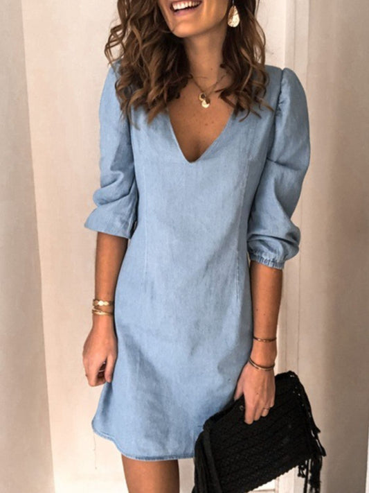 Full Size V-Neck Half Sleeve Denim Dress  Sunset and Swim Misty  Blue S 