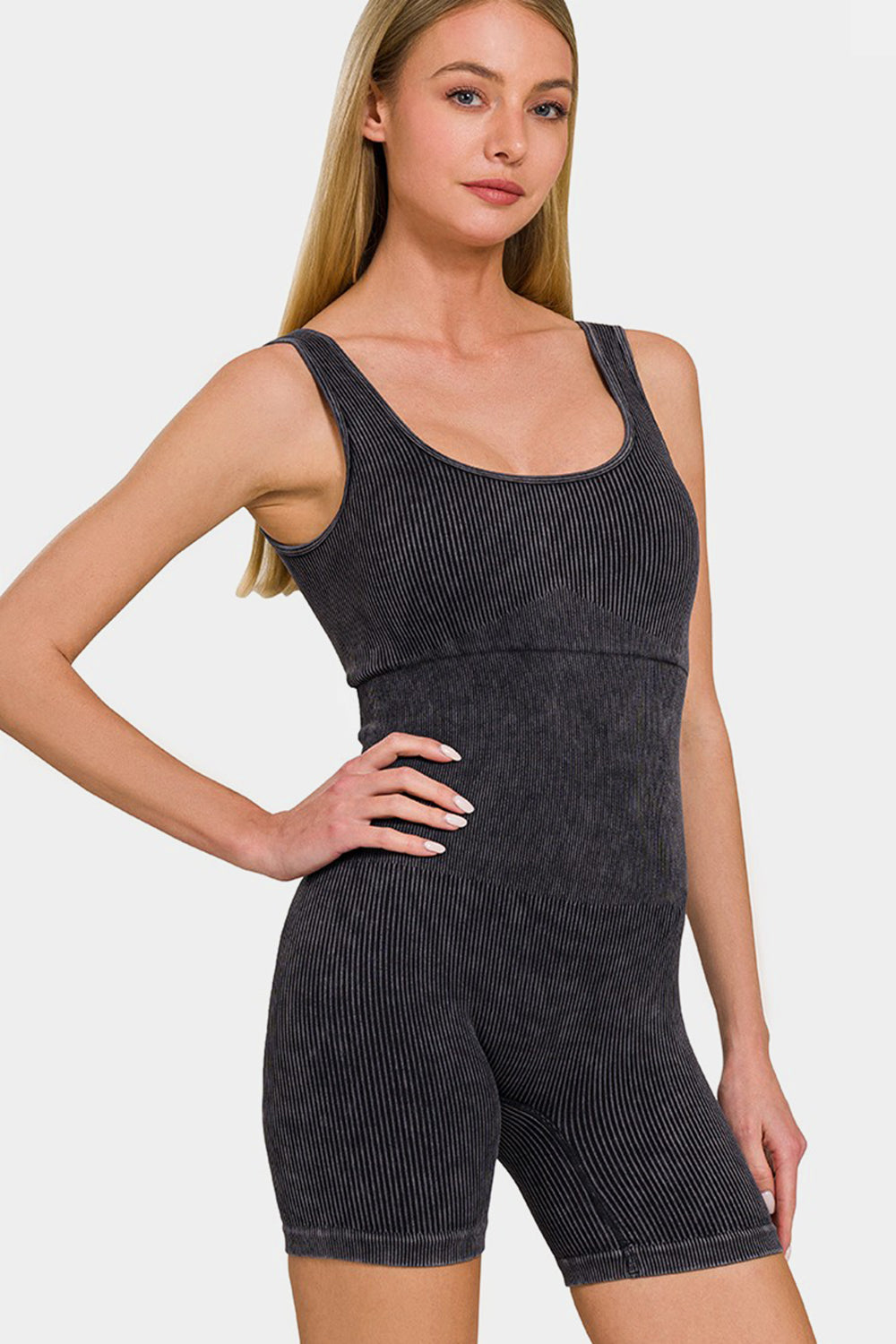 Zenana Washed Ribbed Romper with Pad Sunset and Swim Black S/M 