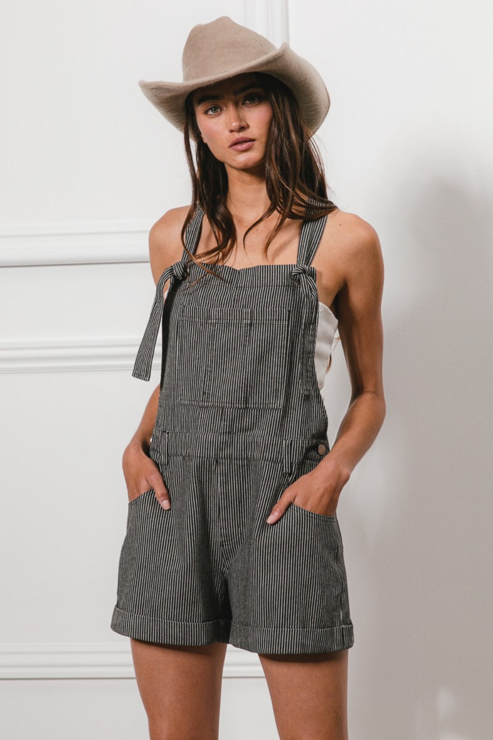 BiBi Tie Strap Washed Stripe Denim Overalls Sunset and Swim   