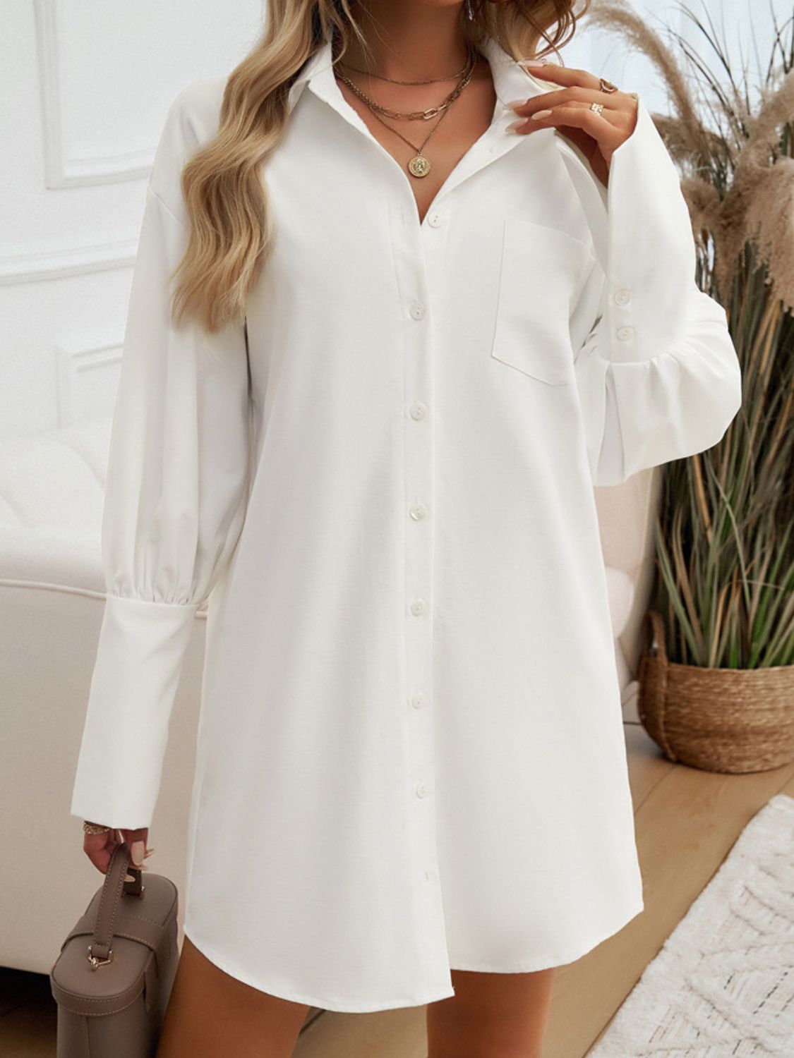 Sunset Vacation Devine Button Up Lantern Sleeve Mini Shirt Dress Sunset and Swim   