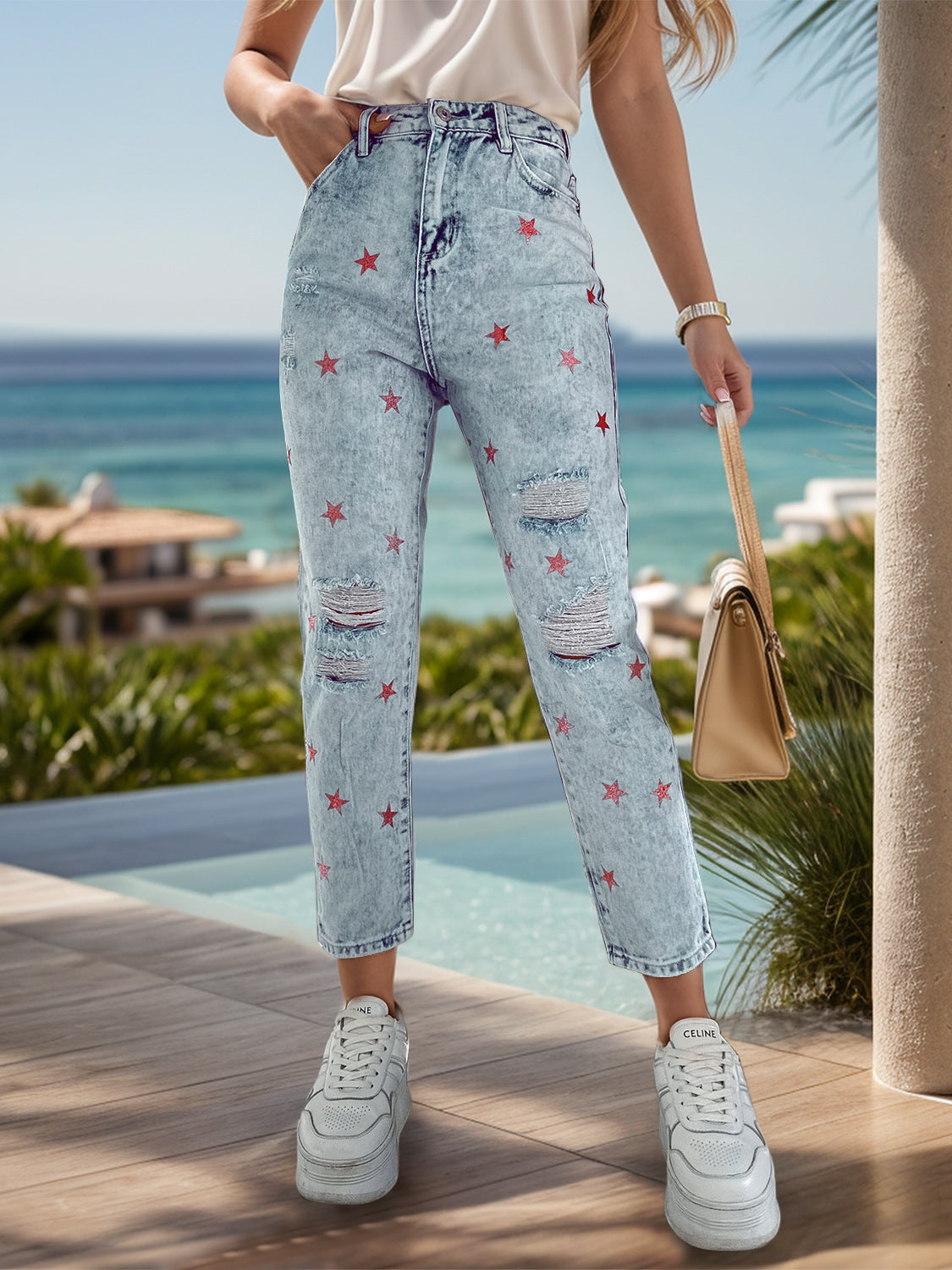 Sunset and Swim  Distressed Star Jeans with Pockets Sunset and Swim Light S 