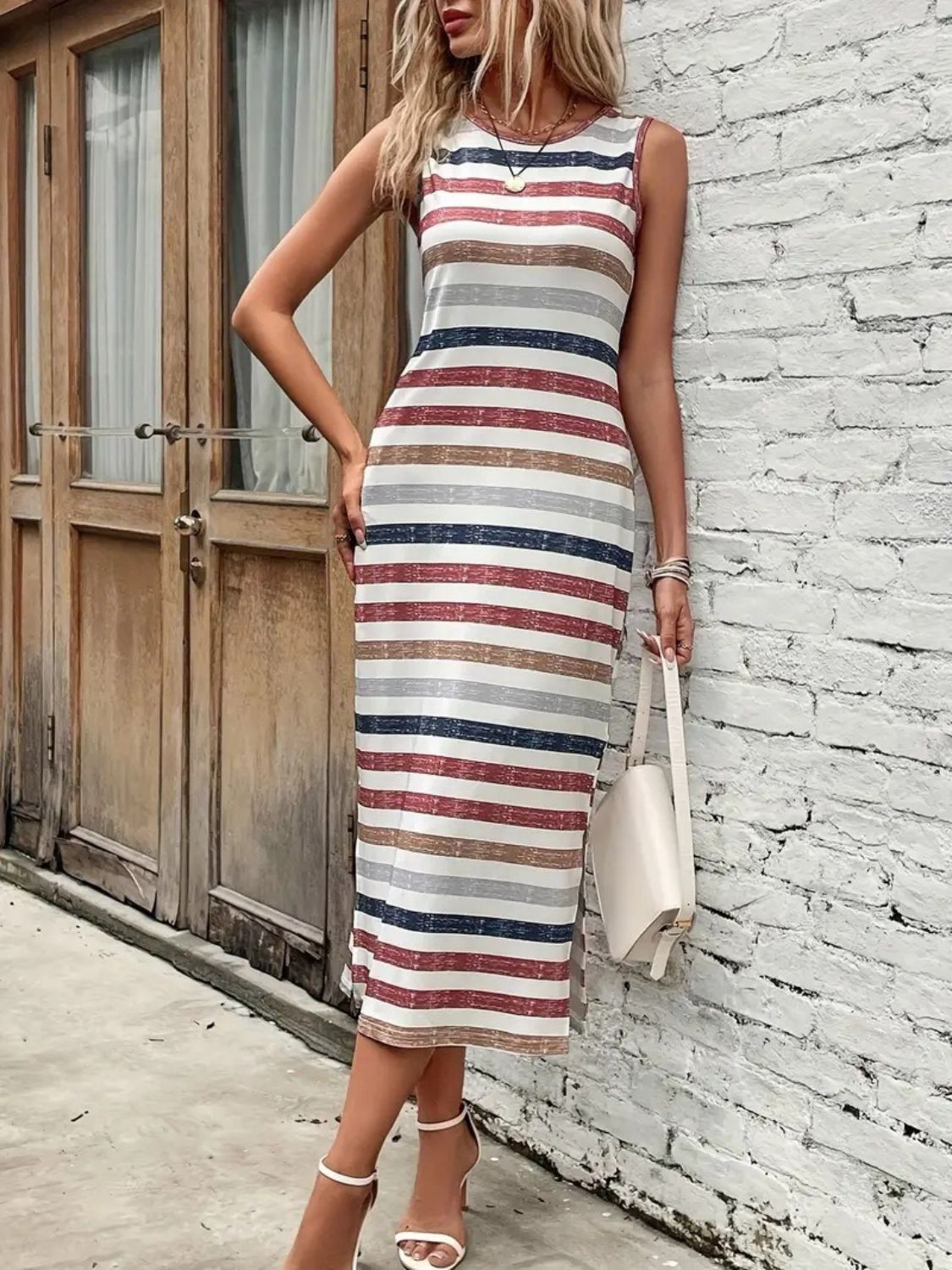 Slit Printed Round Neck Sleeveless Dress Sunset and Swim   