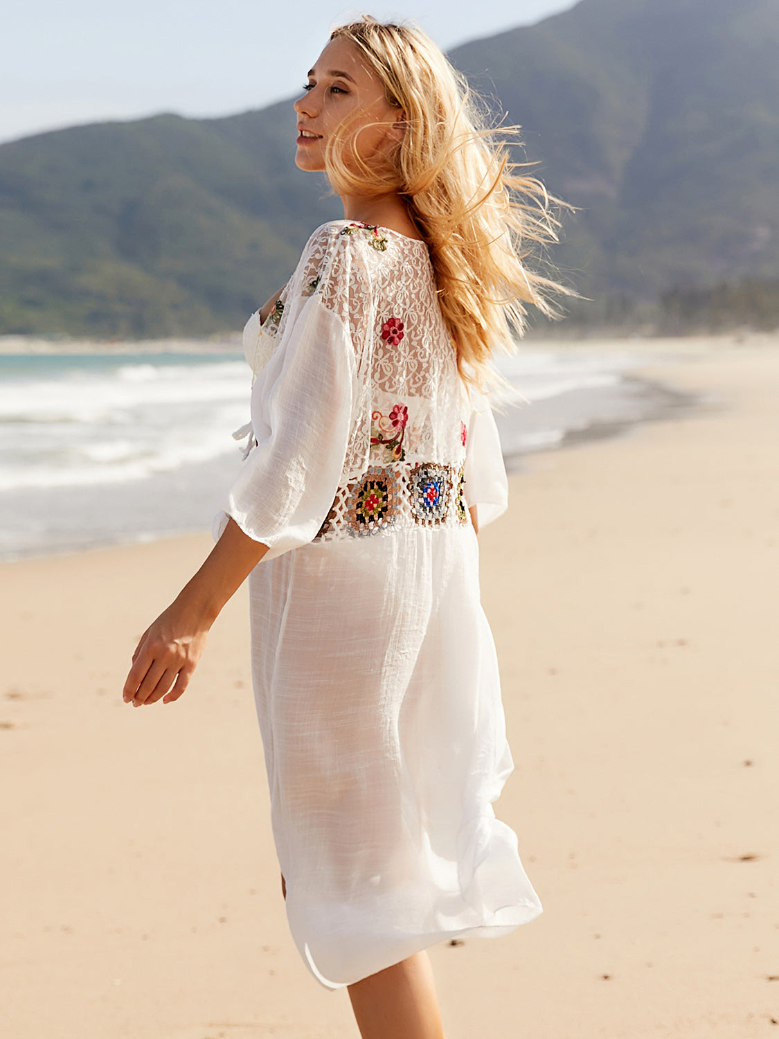 Sunset Vacation Tied Lace Three-Quarter Sleeve Cover-Up Sunset and Swim   