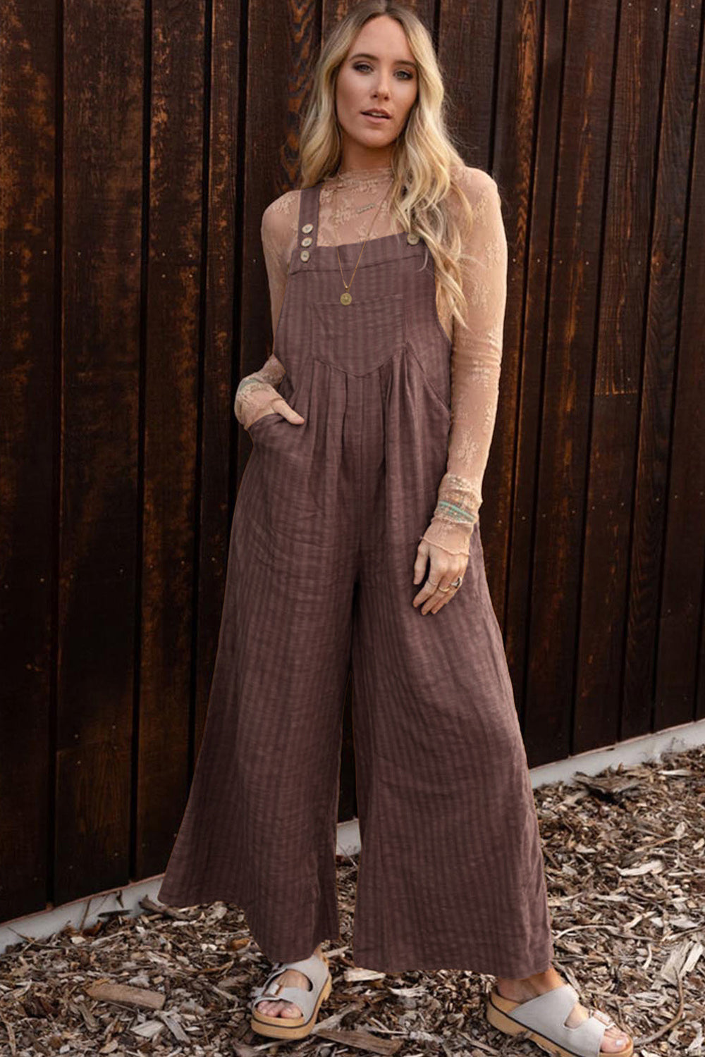Texture Buttoned Wide Leg Overalls Sunset and Swim Chestnut S 