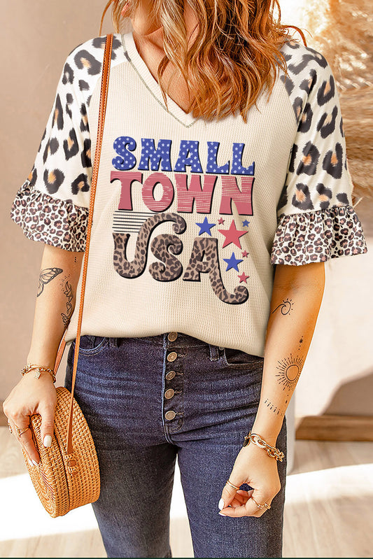 SMALL TOWN USA Graphic Leopard V-Neck Top  Sunset and Swim Ivory S 