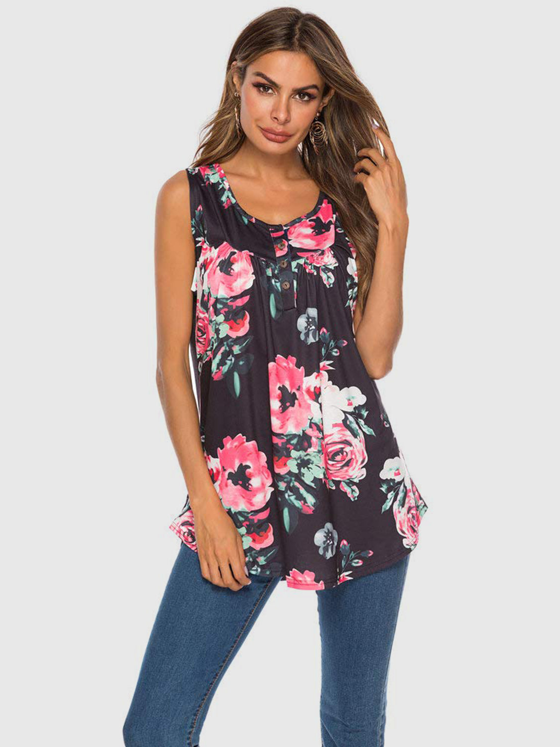 Sunset Vacation Flower Printed Round Neck Tank Sunset and Swim   