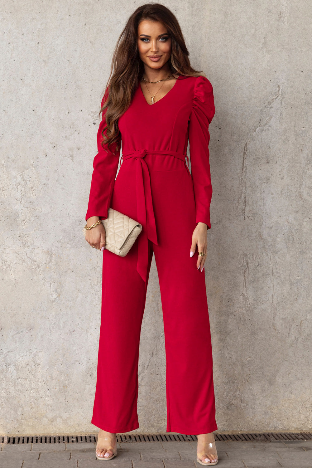 Sunset and Swim Belted Long Puff Sleeve V-Neck Jumpsuit Sunset and Swim   