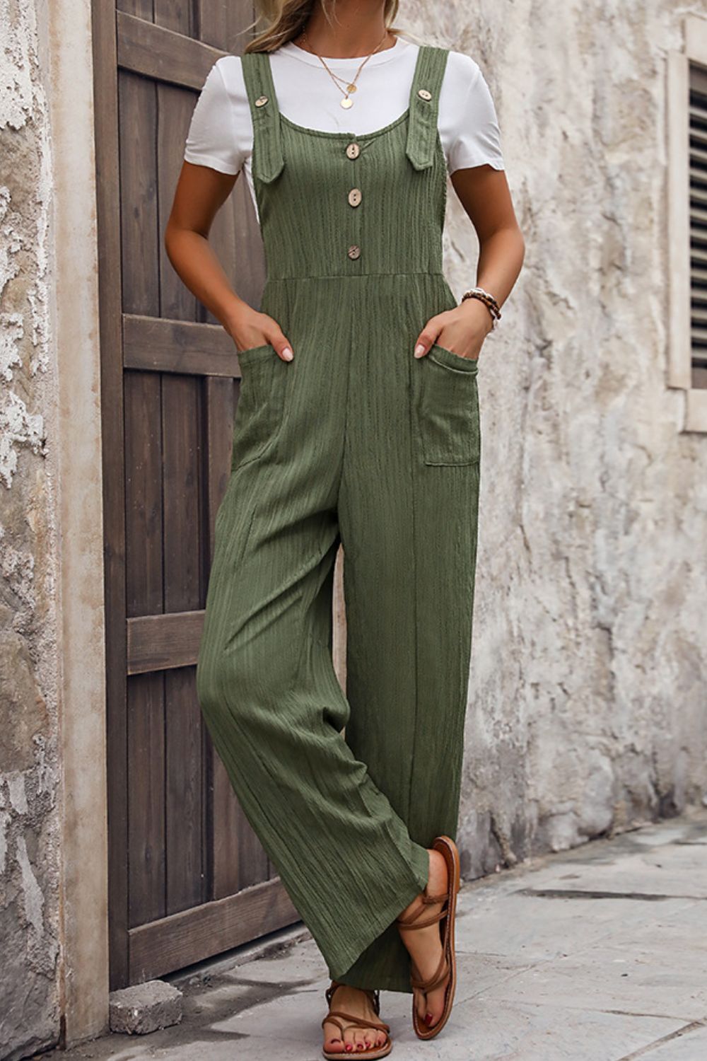 Textured Pocketed Wide Strap Overalls Sunset and Swim   