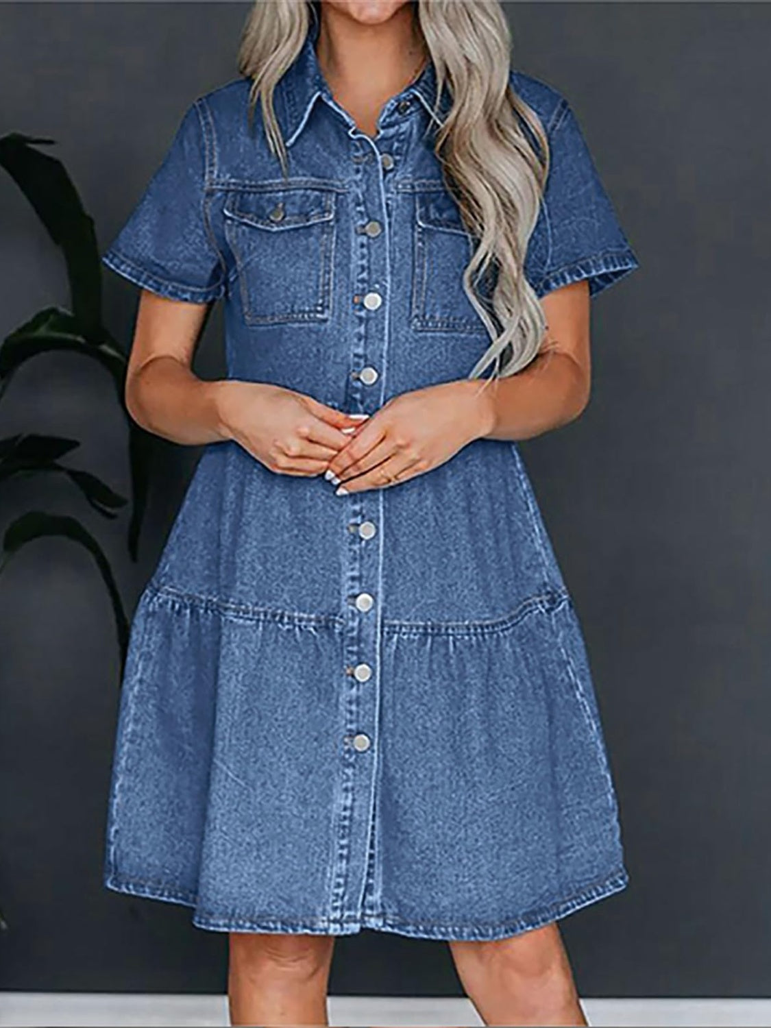 Pocketed Button Up Collared Neck Short Sleeve Denim Dress Sunset and Swim   