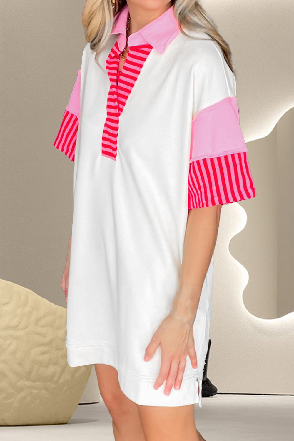 Color Block Johnny Collar Half Sleeve Dress Sunset and Swim   