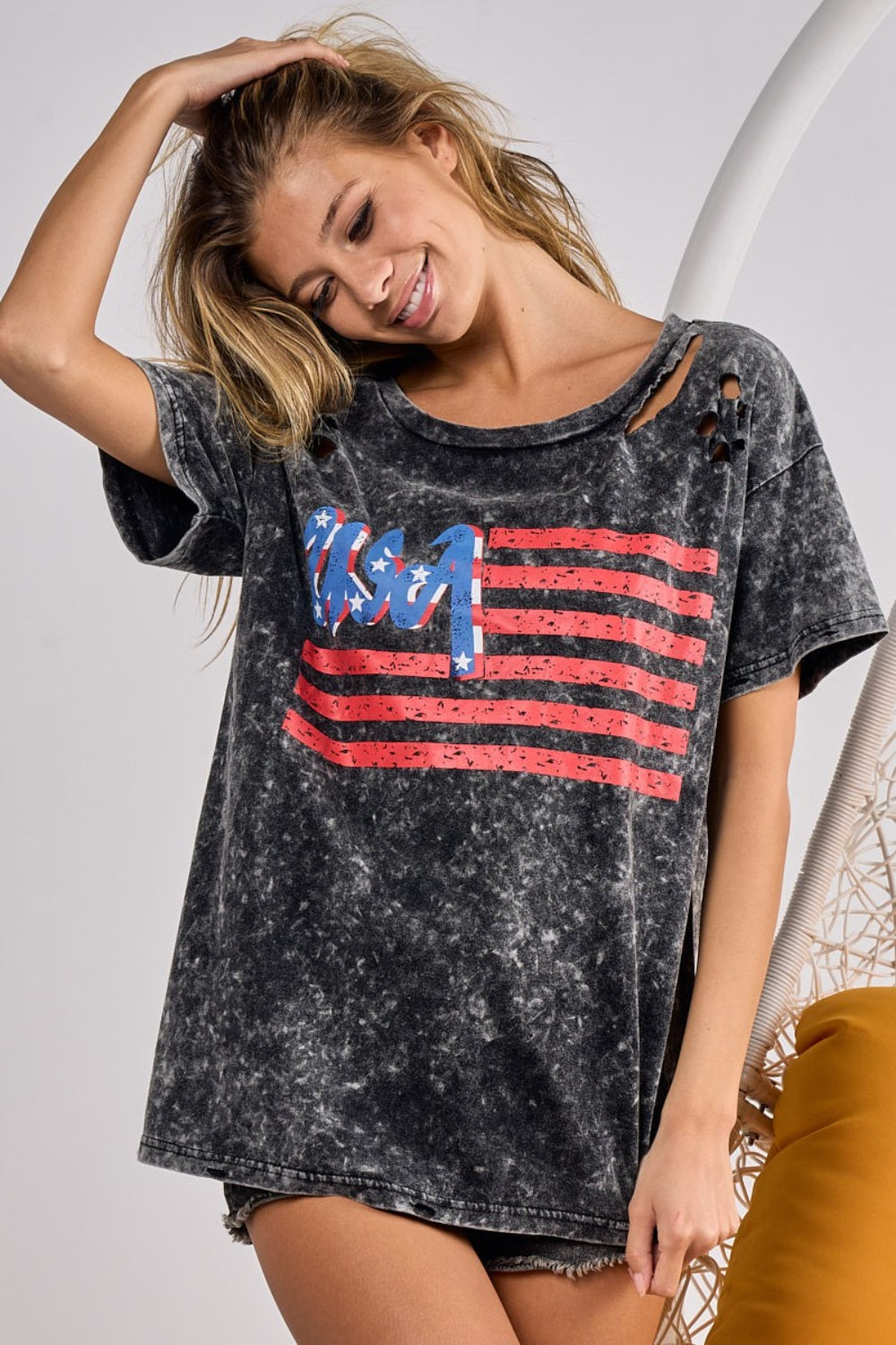 BiBi US Flag Washed Laser Cut T-Shirt Sunset and Swim Black Charcoal S 