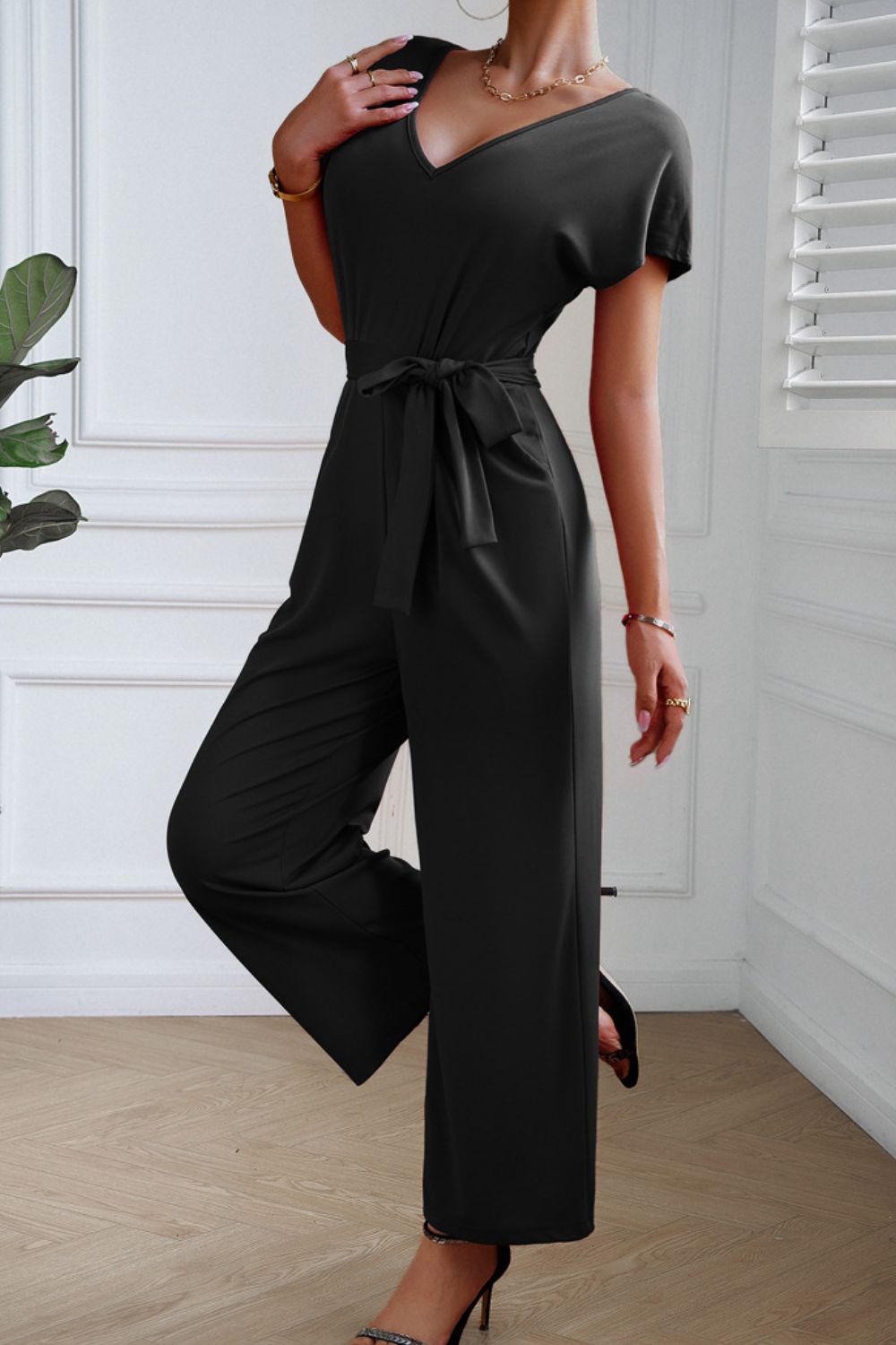 Tie Waist V-Neck Short Sleeve Jumpsuit Sunset and Swim   