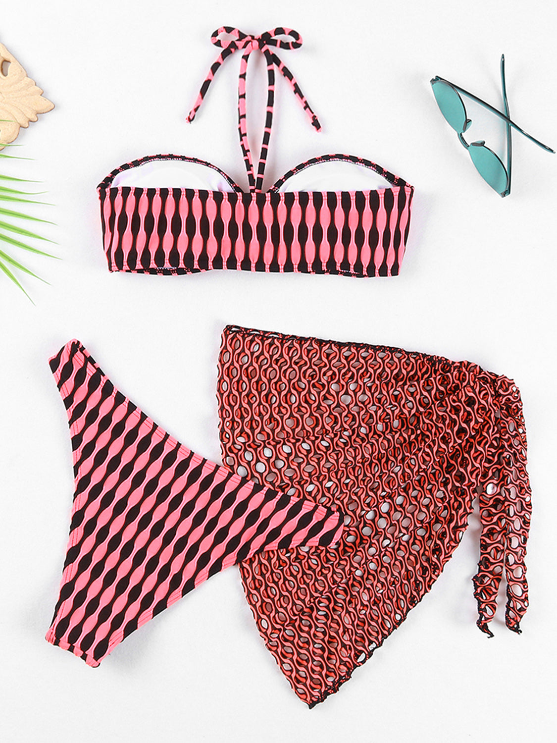 Geometric Halter Neck Three-Piece Swim Set Sunset and Swim   