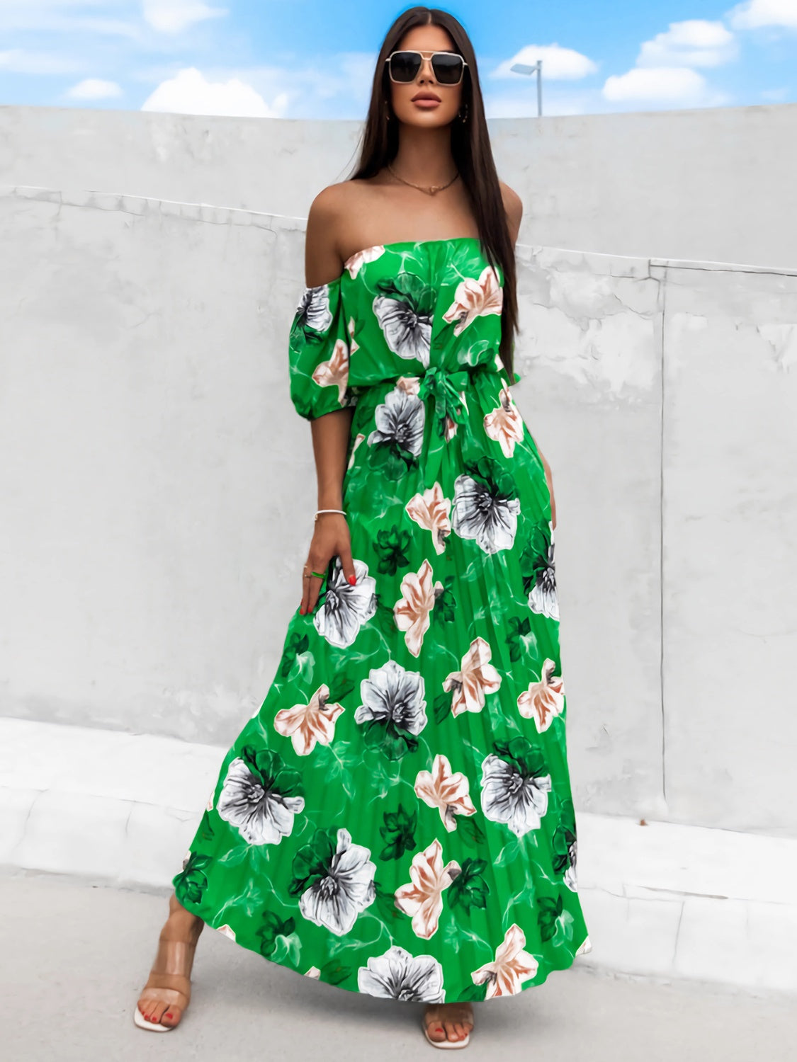 Sunset Vacation Pleated Floral Off-Shoulder Short Sleeve Midi Dress Sunset and Swim Green S 
