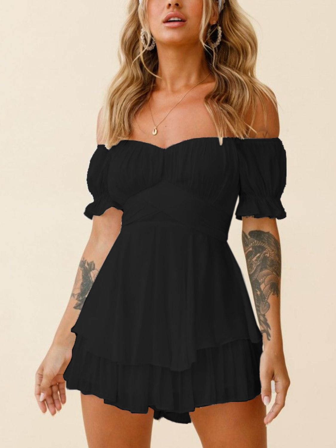 Off Shoulder Flounce Sleeve Romper Sunset and Swim Black S 