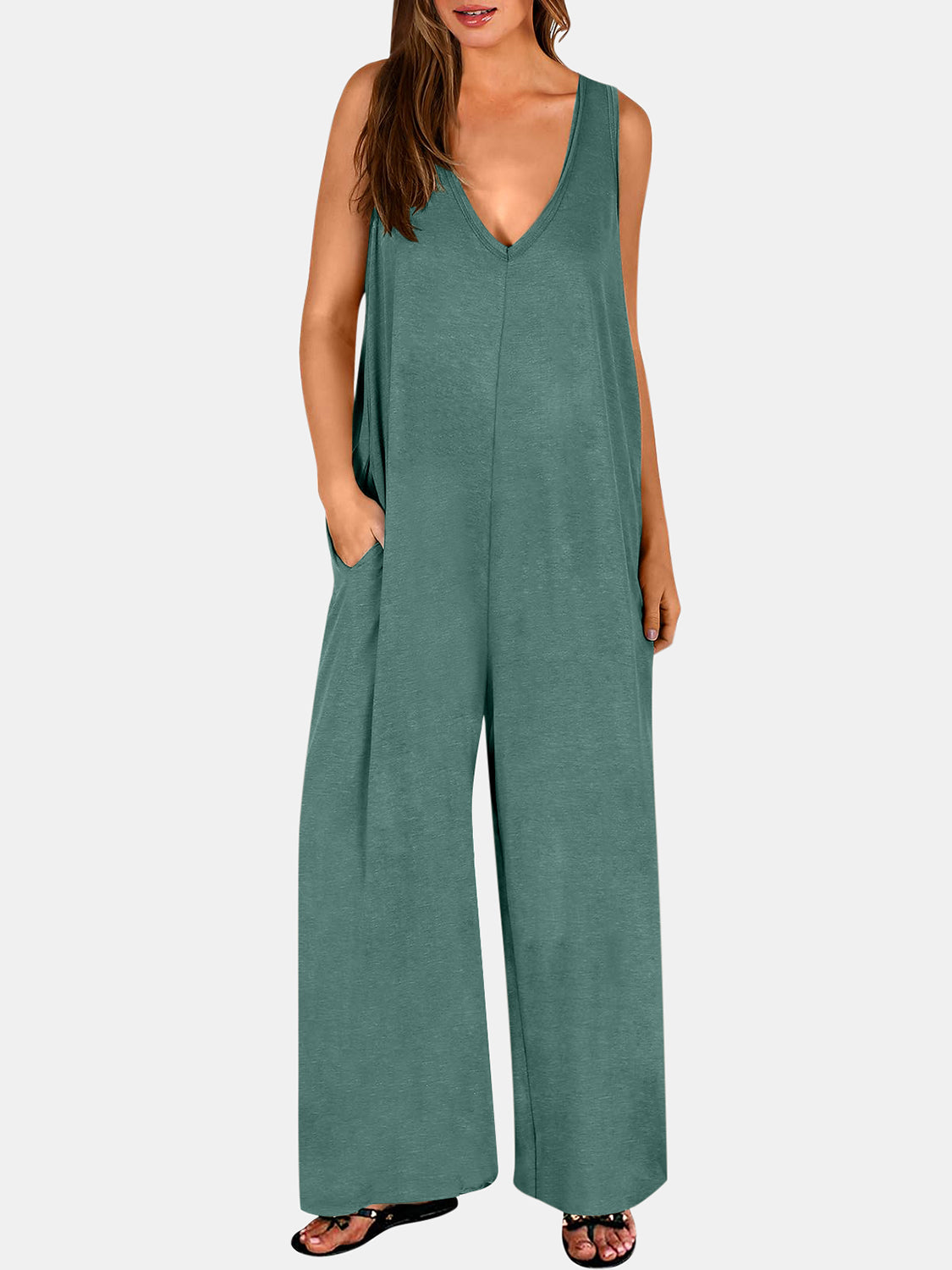 Sunset and Swim  Plus Size V-Neck Wide Strap Jumpsuit Sunset and Swim Teal S 