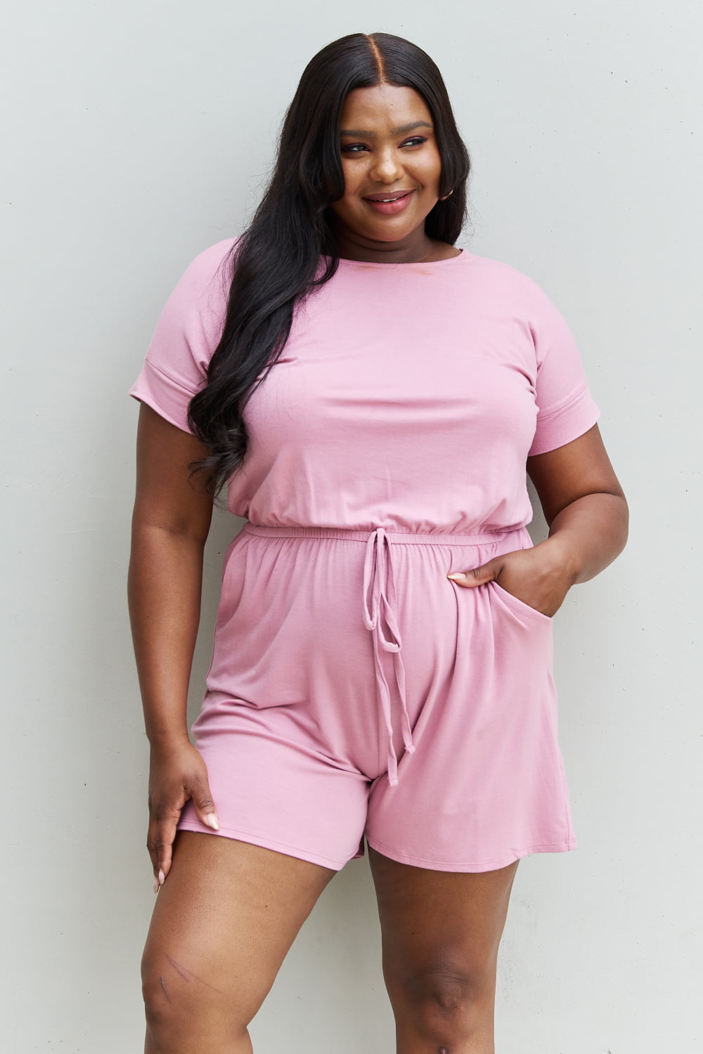 Zenana Chilled Out Full Size Short Sleeve Romper in Light Carnation Pink  Sunset and Swim   