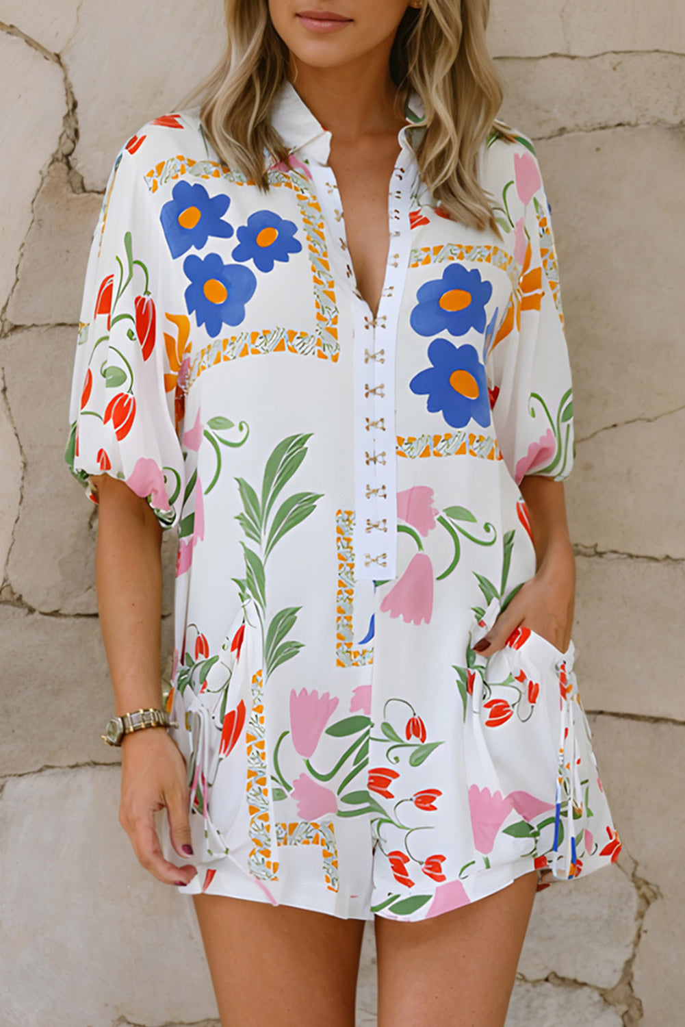 Pocketed Printed Half Sleeve Romper Sunset and Swim Floral S 