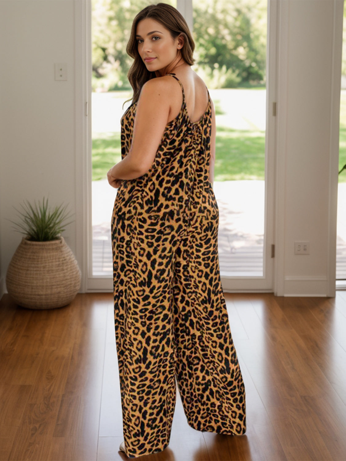 Full Size Leopard Scoop Neck Wide Leg Jumpsuit Sunset and Swim   