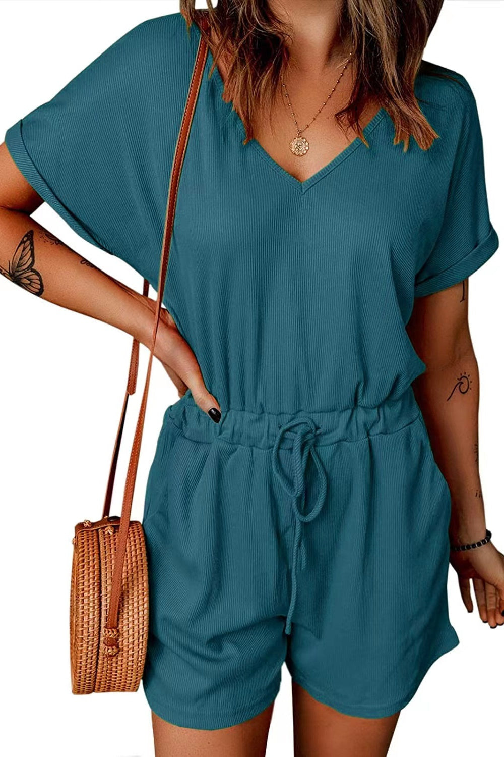 Plus Size Drawstring V-Neck Short Sleeve Romper Sunset and Swim   