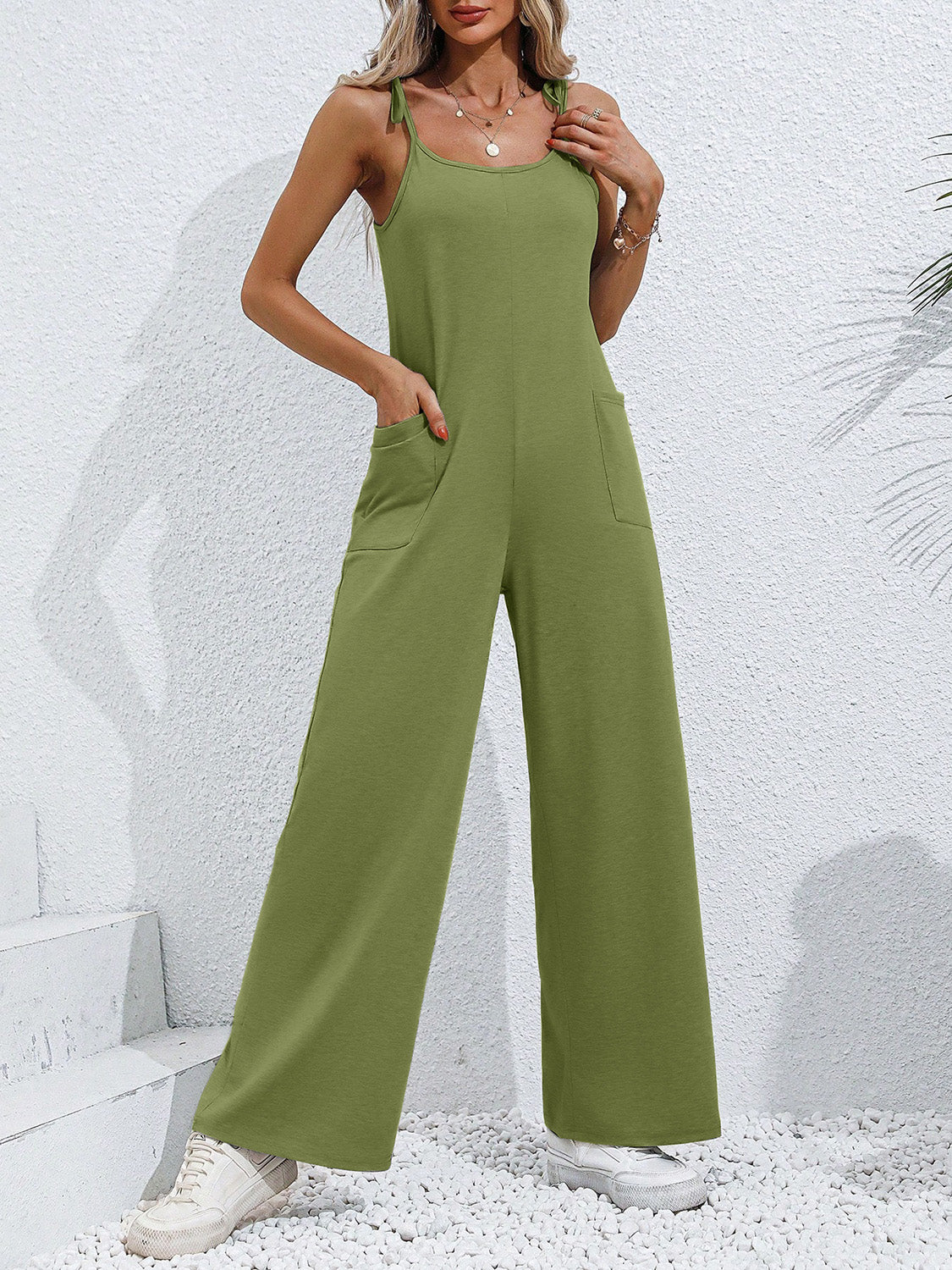 Tie-Shoulder Wide Leg Jumpsuit with Pockets Sunset and Swim Gum Leaf S 