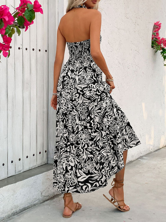Backless Smocked Printed Sleeveless Midi Dress