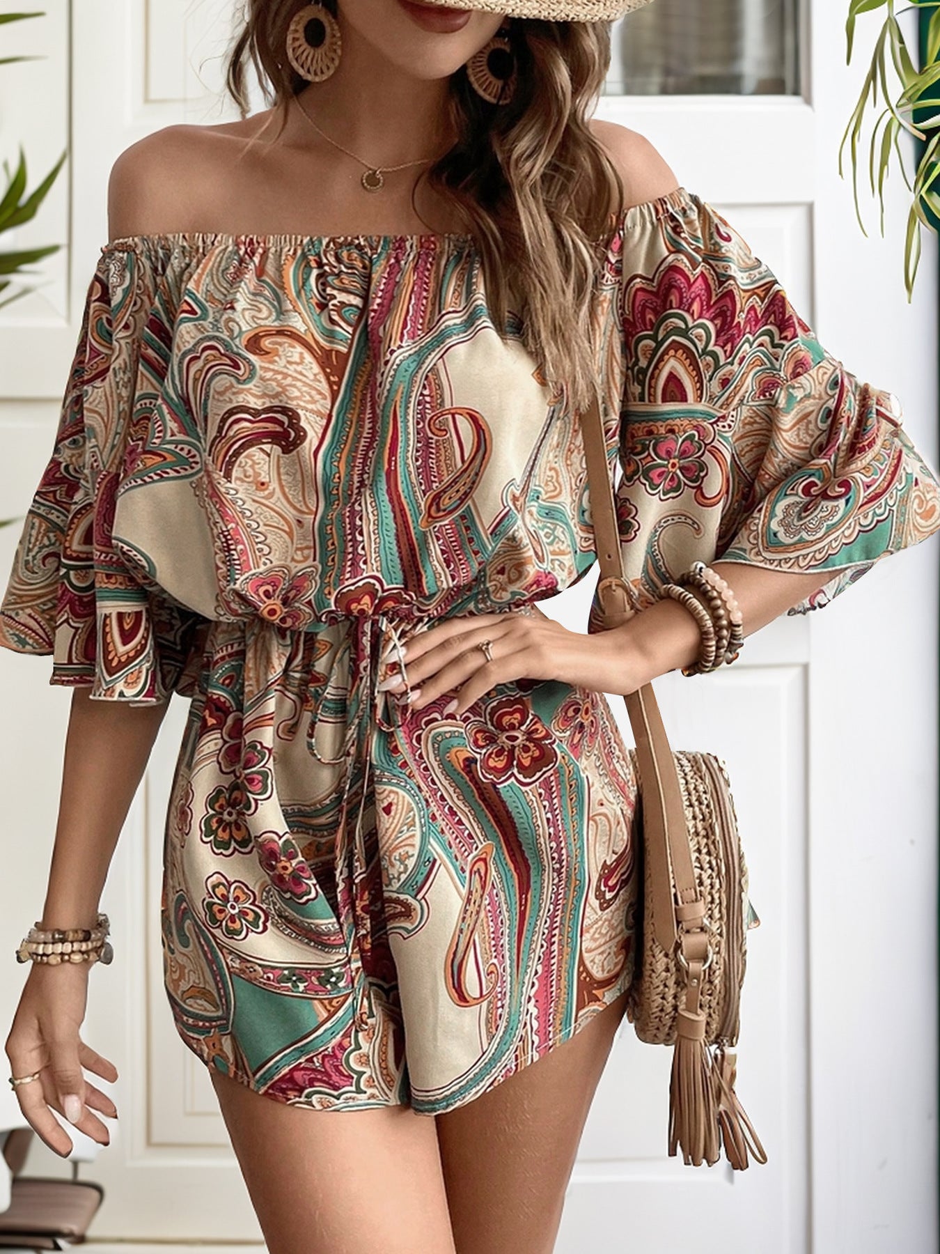 Printed Off Shoulder Half Sleeve Romper Sunset and Swim   