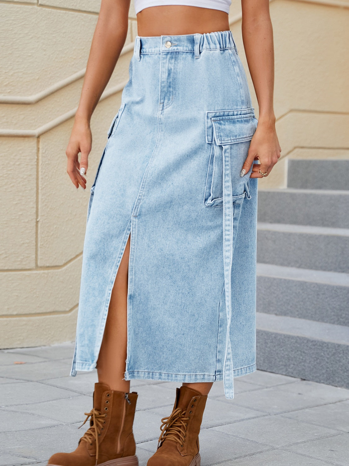 Slit Pocketed High Waist Denim Skirt  Sunset and Swim   