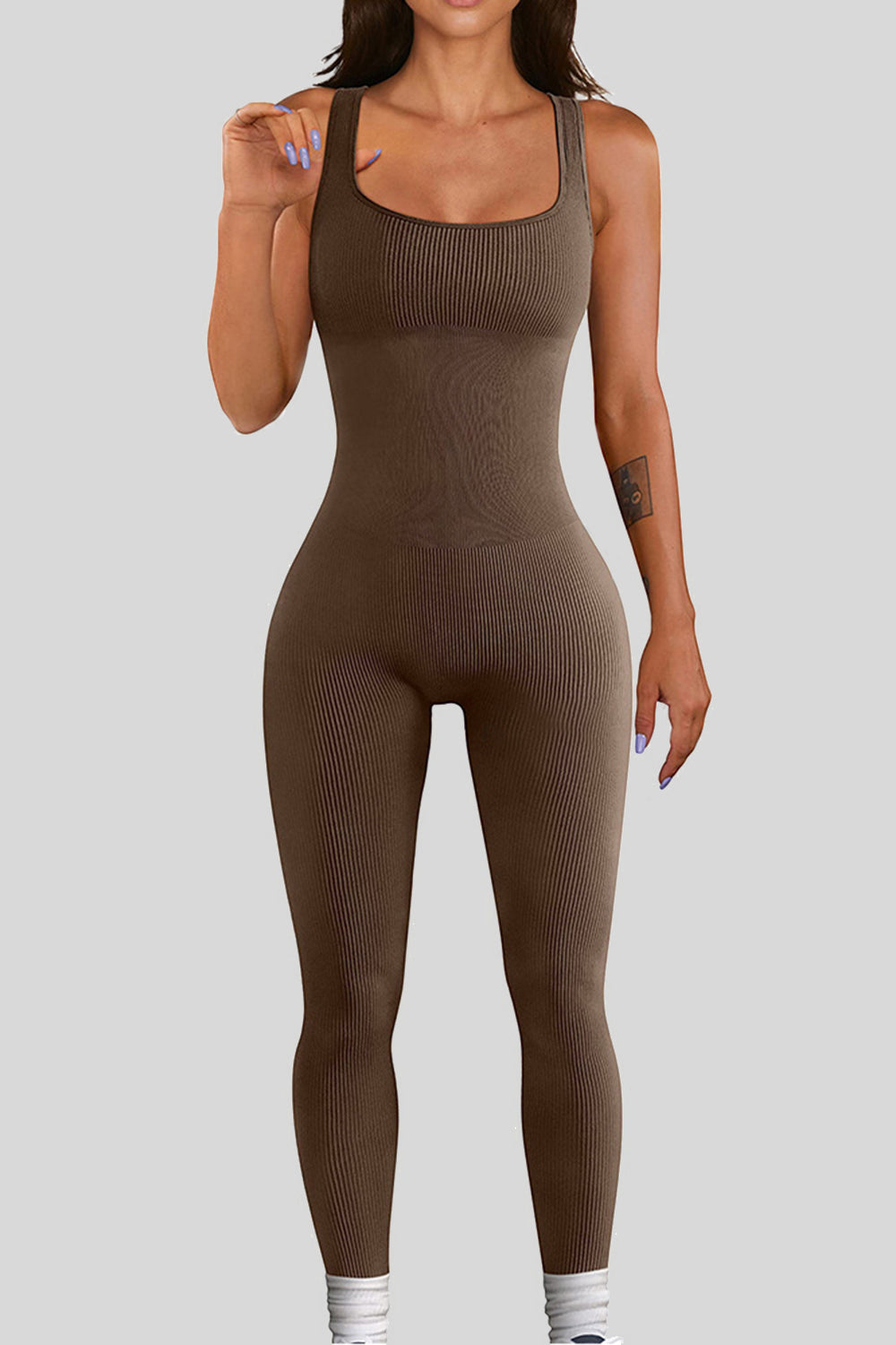 Square Neck Wide Strap Jumpsuit Sunset and Swim Chocolate S 
