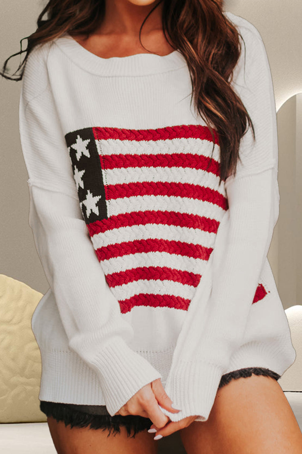 Sunset and Swim  US Flag Round Neck Long Sleeve Knit Top Sunset and Swim White S 