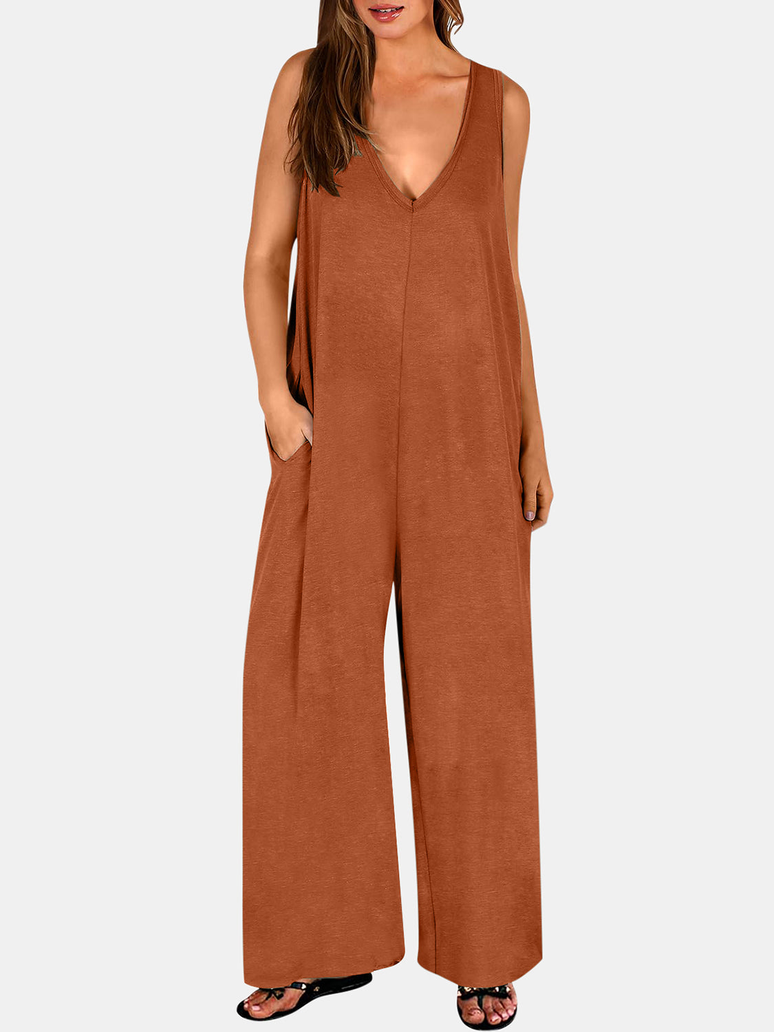 Sunset and Swim  Plus Size V-Neck Wide Strap Jumpsuit Sunset and Swim Ochre S 