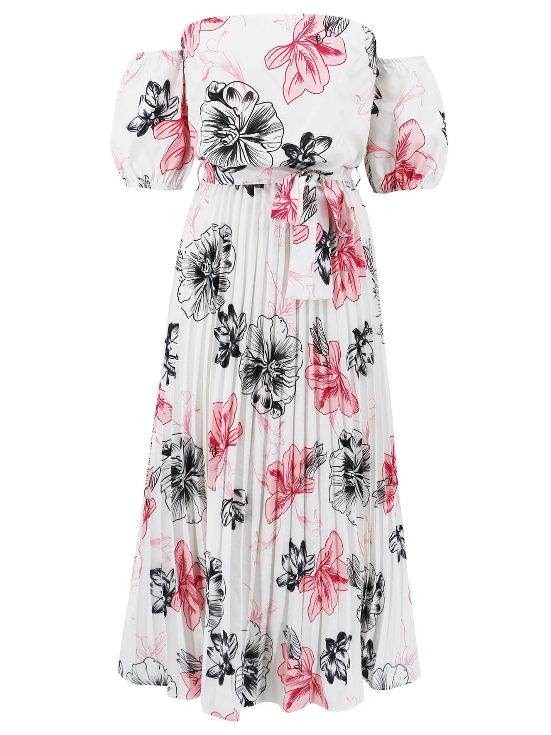 Sunset Vacation Pleated Floral Off-Shoulder Short Sleeve Midi Dress Sunset and Swim White S 