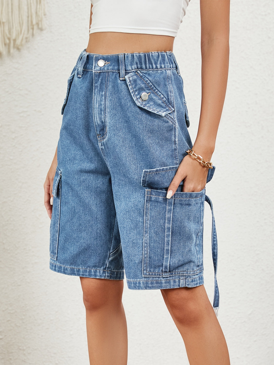 High Waist Denim Shorts with Pockets Sunset and Swim   